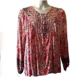 Kaywide Pink Floral Babydoll Peasant Tunic Top Sz XXL Tie Neck Cottagecore Sweet